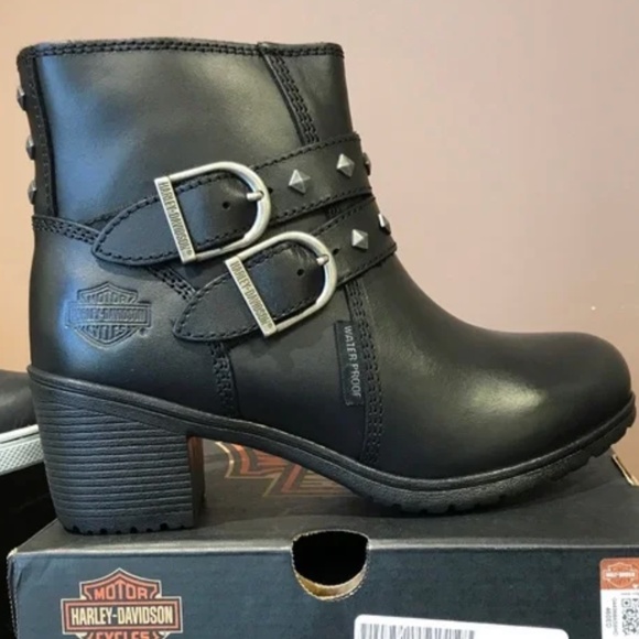 🦅HARLEY DAVIDSON ABNEY BOOTS, 🥾BLACK WITH SILVER STUDS, WATERPROOF - Picture 2 of 16